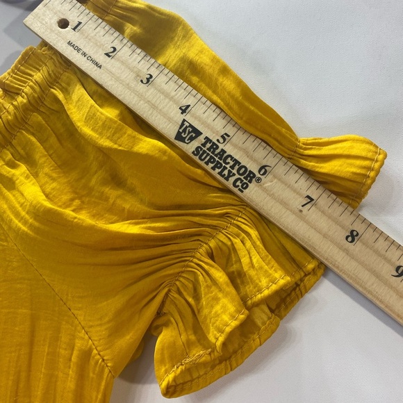 Gold puff sleeve smocked top Sz S boat neckline wide elastic waist, satin feel - Picture 7 of 11